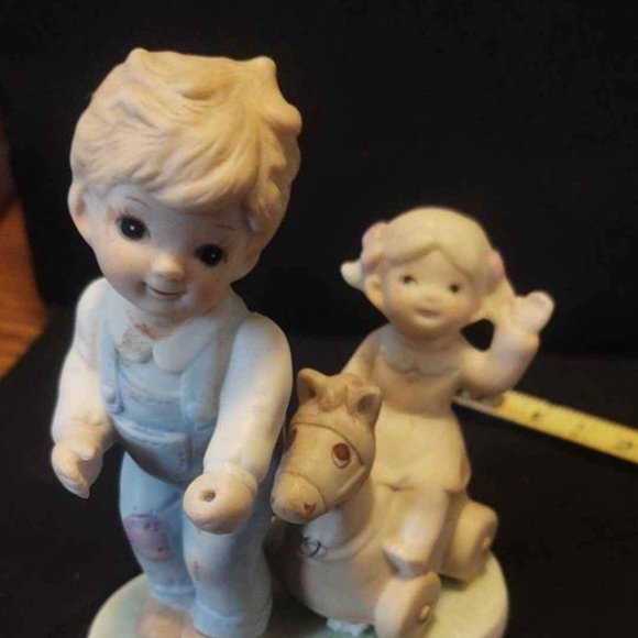 Homco Bisque Porcelain Figurines Rocking Horse Boy Girl Pony Toy 1450 - Picture 1 of 6